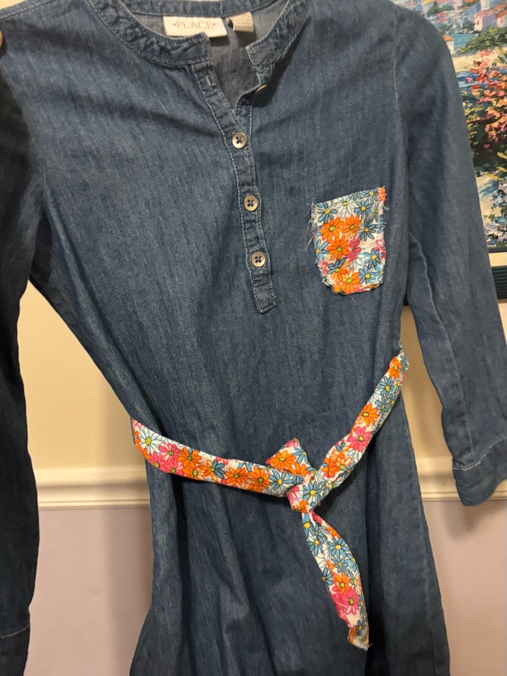 Upcycled The Children's Place Denim Floral-Trim Girls' Dress - size 7/8